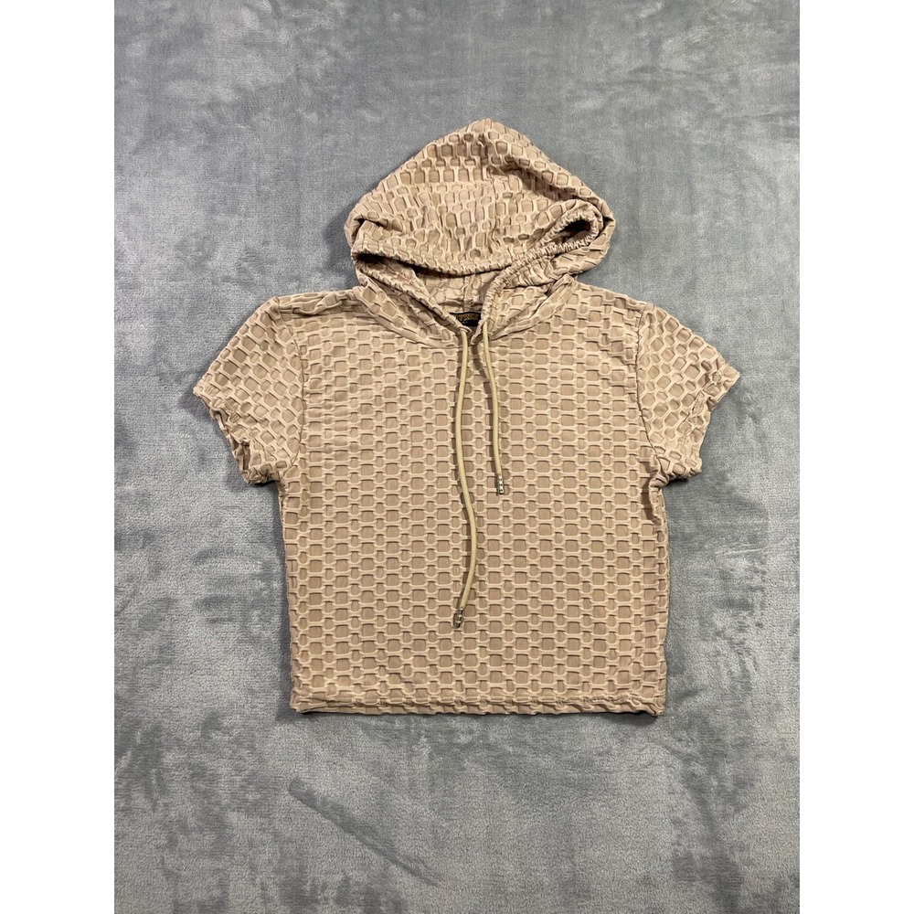 VBFREE Tan Honeycomb Textured Short Sleeve Cropped Hoodie L/XL